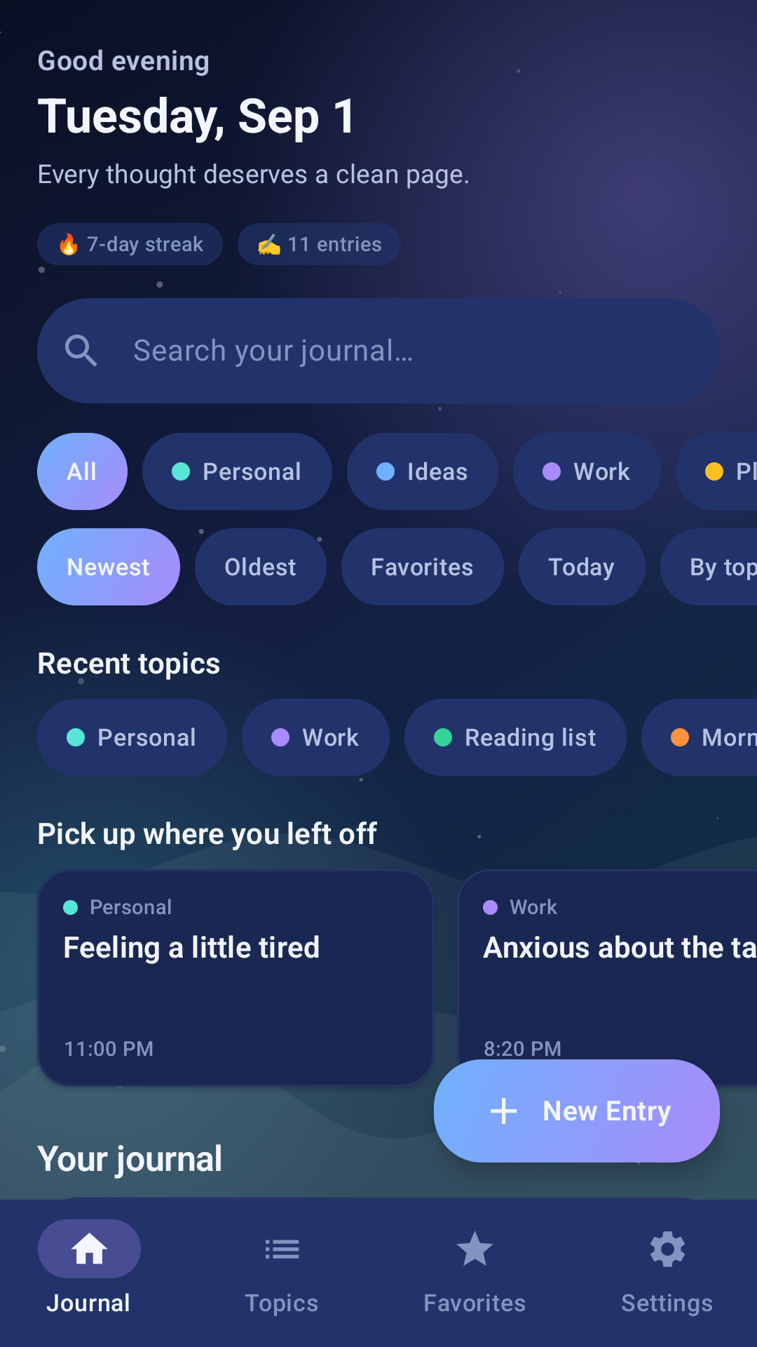Blank Slate Journal journal overview screen